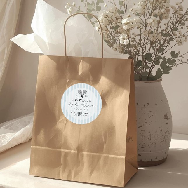 Pegatina Redonda Preppy Blue Tennis Theme Chic Baby Shower (elegant blue and white striped baby shower stickers with tennis motif for preppy theme events favors)