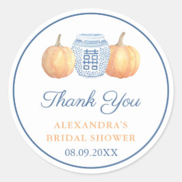 Pegatina Redonda Preppy Calabaza Azul Y Blanco Bridal Shower Favor