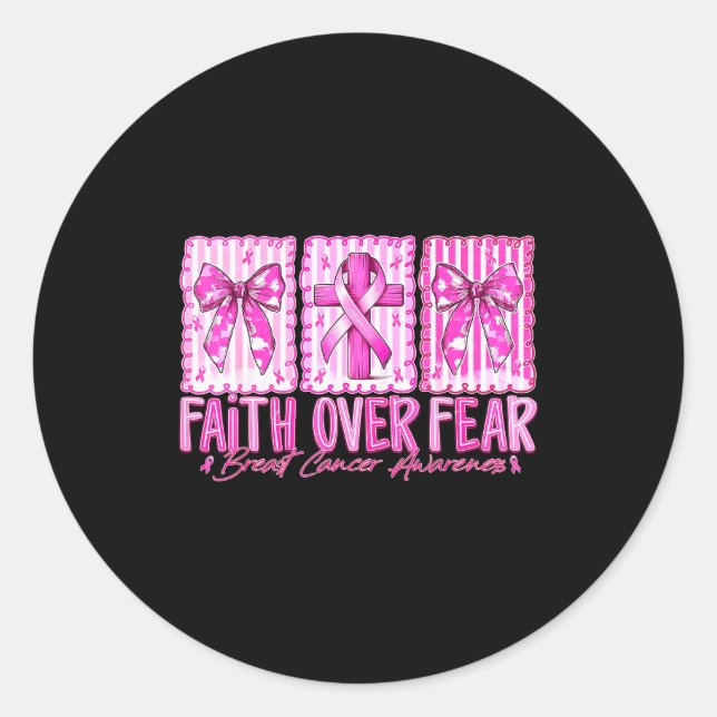 Pegatina Redonda Preppy Faith Over Fear Breast Cancer Bow Warrior C (Anverso)