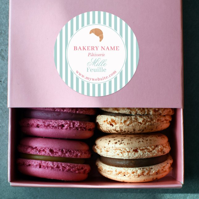 Pegatina Redonda Preppy Green & Pink Stripes Bakery Logo Product (Preppy Green & Pink Stripes Bakery Logo Product Classic Round Sticker)