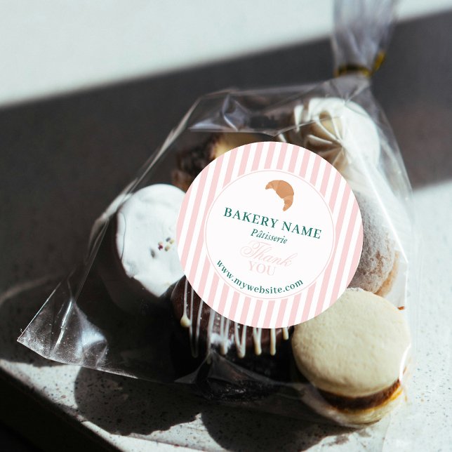 Pegatina Redonda Preppy Green & Pink Stripes Bakery Logo Thank You (Preppy Green & Pink Stripes Bakery Logo Thank You Classic Round Sticker)