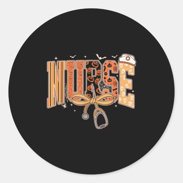 Pegatina Redonda Preppy Halloween Spooky Enfermera Coquette Bow Ste (Anverso)