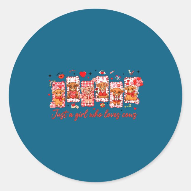 Pegatina Redonda Preppy Just A Girl Who Loves Cows Valentines Day A (Anverso)