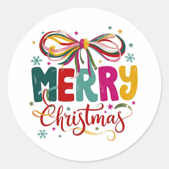 Pegatina Redonda Preppy Merry Christmas Coquette Bow Xmas (Anverso)