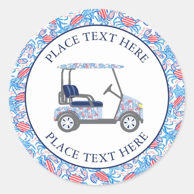 Pegatina Redonda Preppy Patriotic Crabs Golf Cart (Anverso)