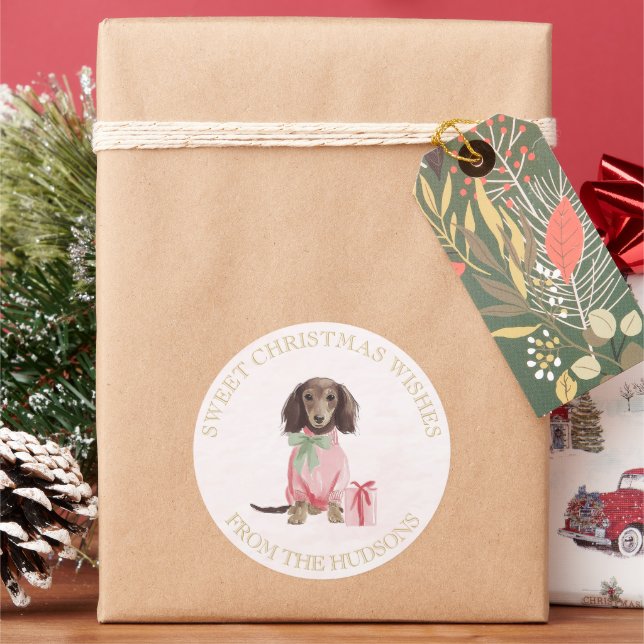 Pegatina Redonda Preppy Pink Christmas Dachshund Lrg Round Stickers (Vacaciones)