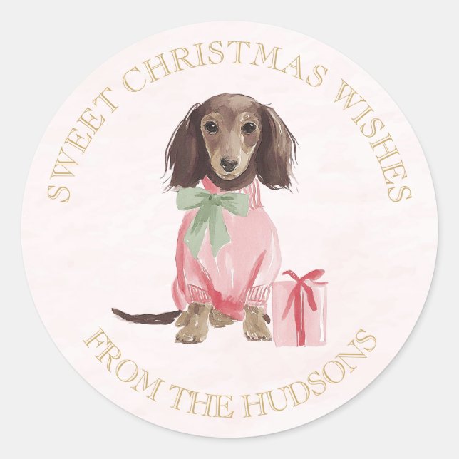 Pegatina Redonda Preppy Pink Christmas Dachshund Sml Round Stickers (Anverso)