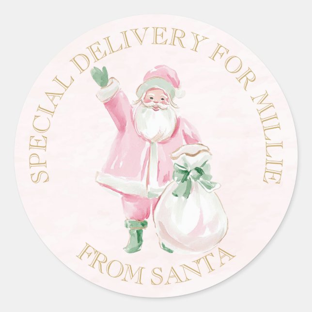 Pegatina Redonda Preppy Pink Christmas Santa  (Anverso)