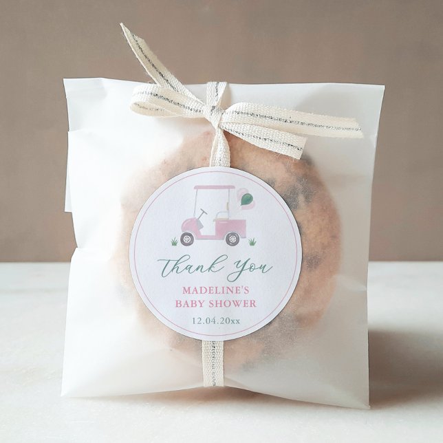 Pegatina Redonda Preppy Pink Green Golf Cart Baby Girl Shower Favor (Preppy pink and green watercolor golf cart baby shower favor thank you sticker)