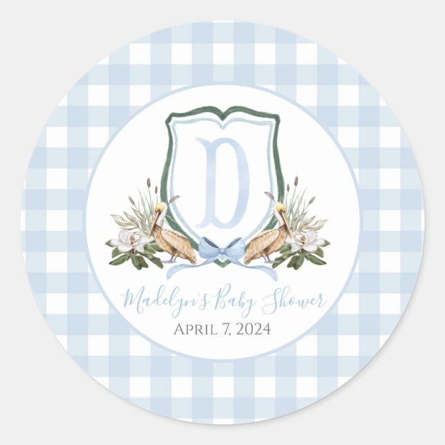 Pegatina Redonda Preppy Southern Blue Boy Pelican Baby Shower (Anverso)