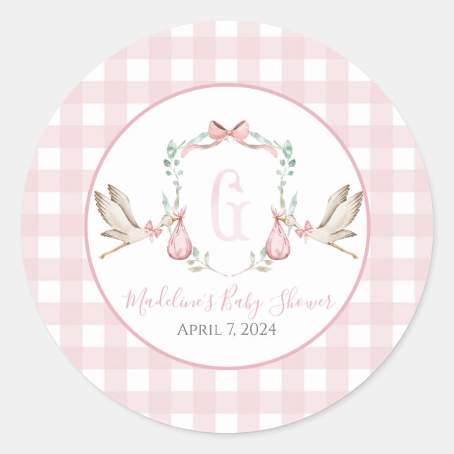 Pegatina Redonda Preppy Southern Chica Stork Baby Shower (Anverso)
