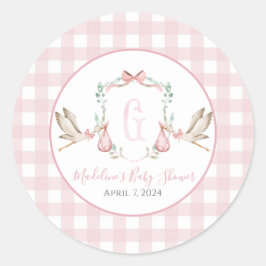 Pegatina Redonda Preppy Southern Chica Stork Baby Shower