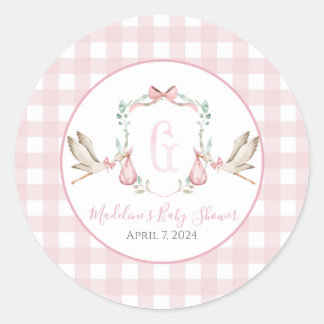 Pegatina Redonda Preppy Southern Chica Stork Baby Shower