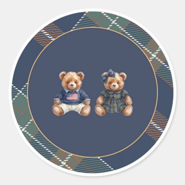 Pegatina Redonda Preppy Teddy Bear Sticker Navy Plaid  (Anverso)