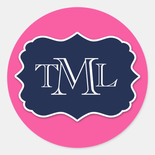 Pegatina Redonda Preppy Tres Monograma Inicial Y Marco (Anverso)