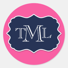 Pegatina Redonda Preppy Tres Monograma Inicial Y Marco