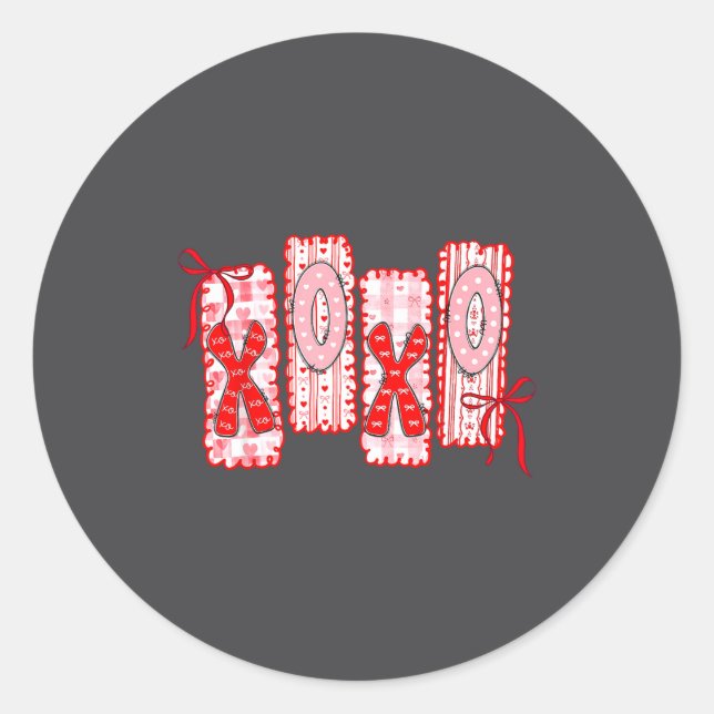 Pegatina Redonda Preppy Xoxo Coquette Bow Hearts Valentine's Day Wo (Anverso)