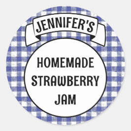 Pegatina Redonda Preserve Jam Jelly Jar Blue Plaid Gingham Label