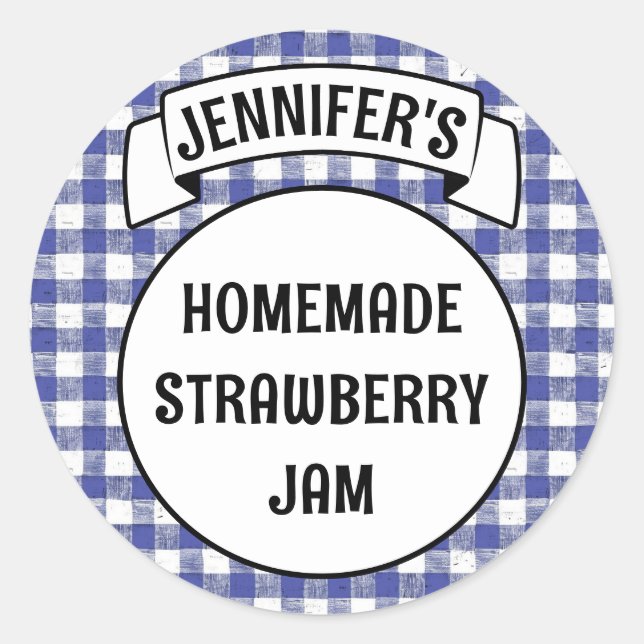 Pegatina Redonda Preserve Jam Jelly Jar Blue Plaid Gingham Label (Anverso)