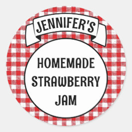 Pegatina Redonda Preserve Jam Jelly Jar Red Plaid Gingham Label