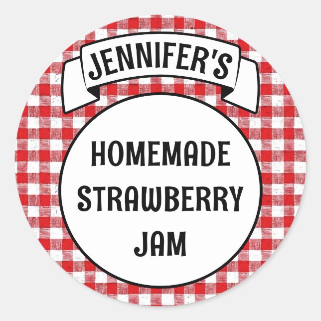 Pegatina Redonda Preserve Jam Jelly Jar Red Plaid Gingham Label (Anverso)