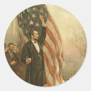 Pegatina Redonda Presidente Abraham Lincoln bajo la bandera estadou