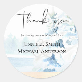 Pegatina Redonda PRESUPUESTO Montañas nevadas Árboles de lagos inve