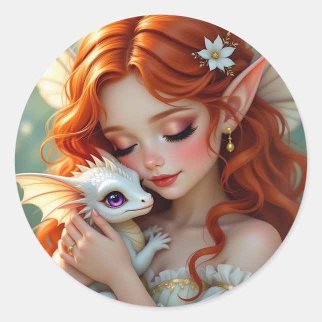 Pegatina Redonda Pretty Red Haired Fairy with Dragon  (Anverso)
