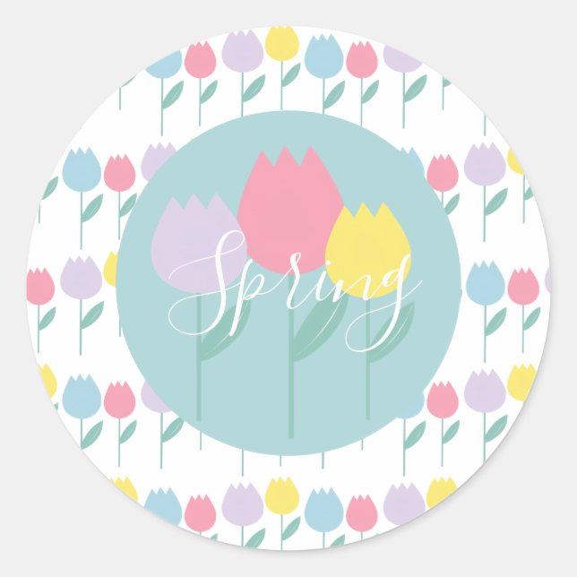 Pegatina Redonda Pretty Spring Tulips Pastel Floral Birthday Party (Anverso)