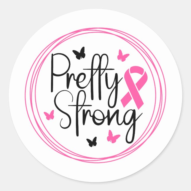 Pegatina Redonda Pretty Strong Breast Cancer Awareness (Anverso)