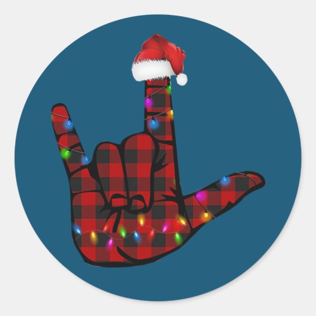 Pegatina Redonda Pride ASL Merry Christmas Sign Language Red Plaid (Anverso)