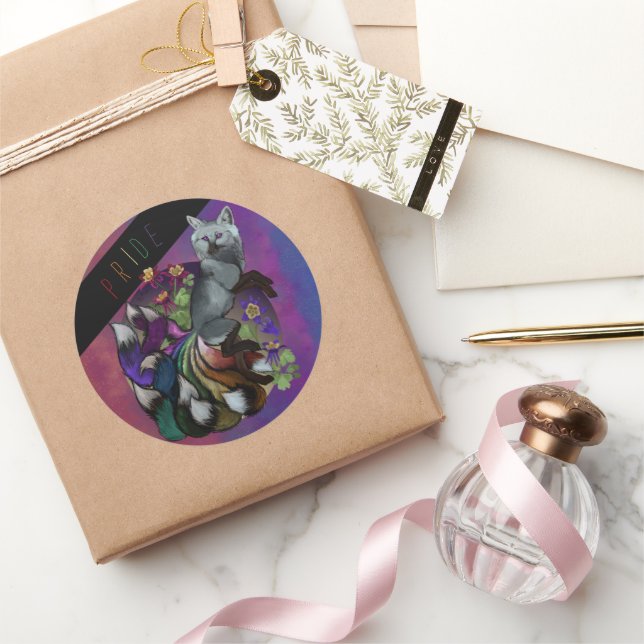 Pegatina Redonda Pride Kitsune y Flores de Columbine (Regalar)