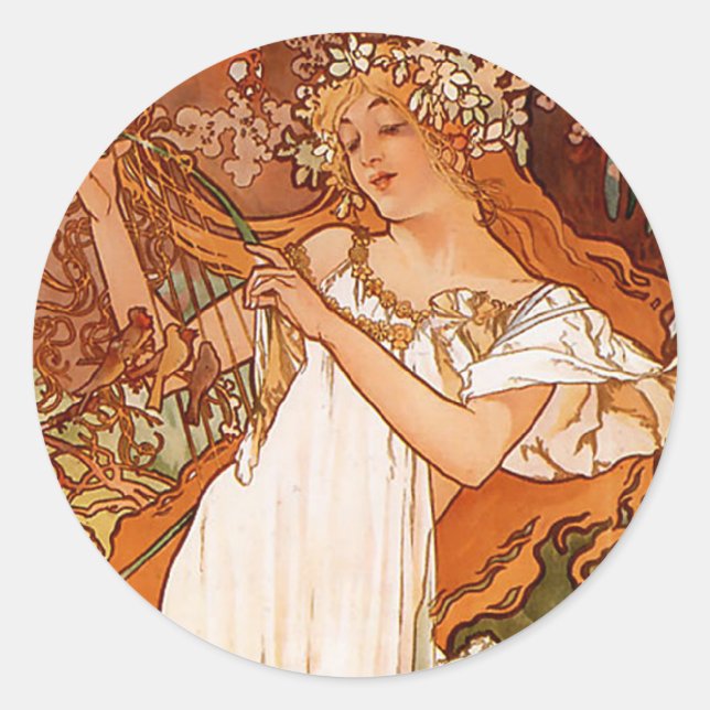 Pegatina Redonda Primavera - Alphonse Mucha Art Nouveau (Anverso)