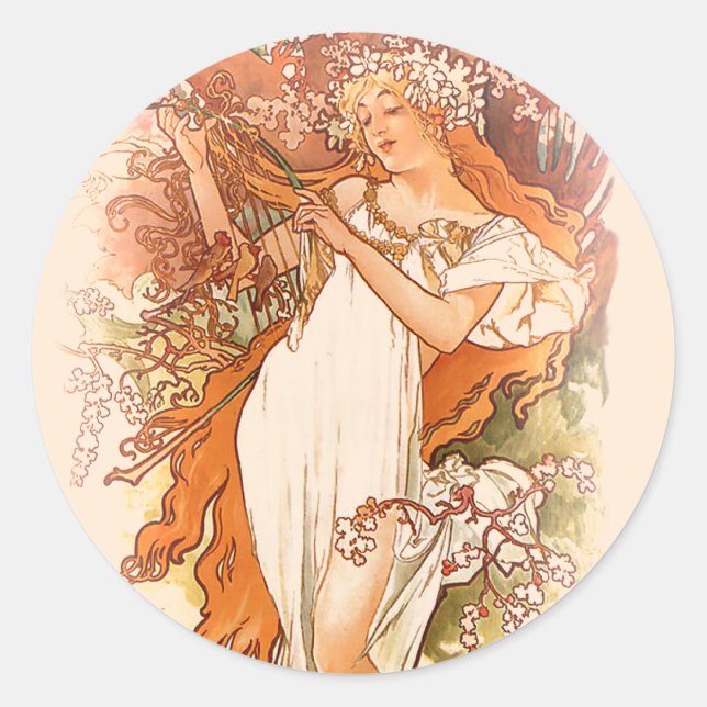 Pegatina Redonda Primavera - Alphonse Mucha Art Nouveau (Anverso)