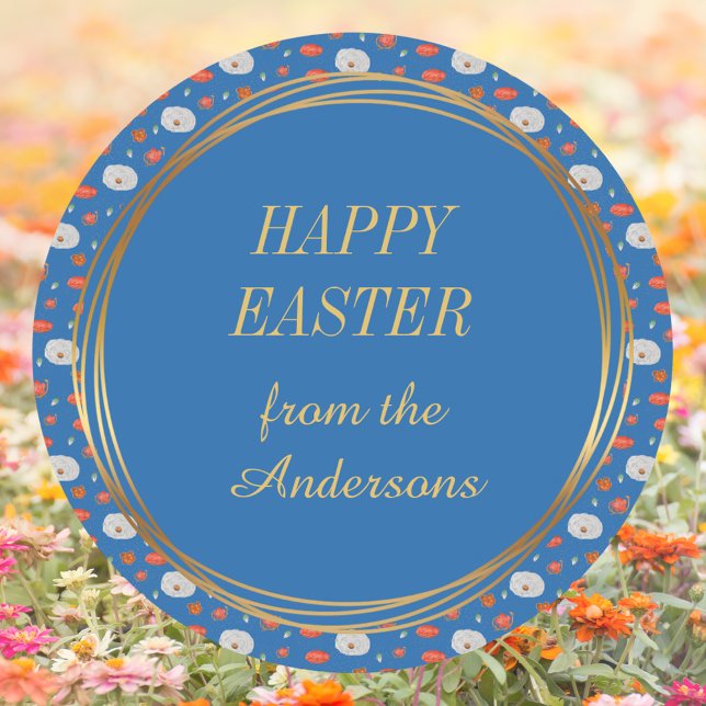 Pegatina Redonda Primavera Azul Floral Familia Cristiana Feliz Pasc (Spring Blue Gold Floral Pattern Family Name Religious Christian Catholic Happy Easter Round Sticker)