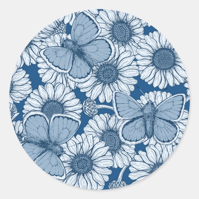 Pegatina Redonda Primavera azul, flores silvestres, margaritas (Anverso)