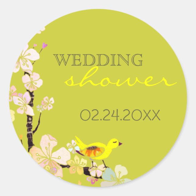 Pegatina Redonda Primavera Bird Green Bridal Shower (Anverso)