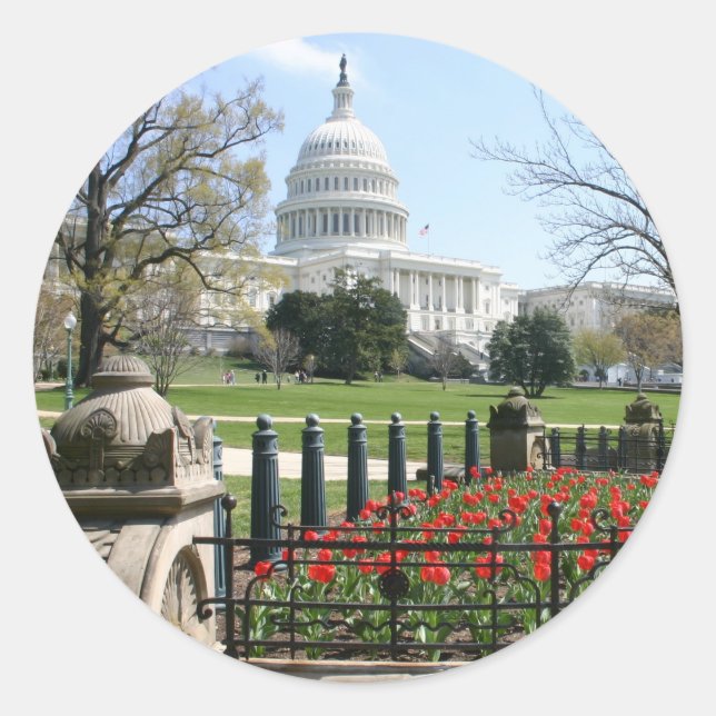 Pegatina Redonda Primavera de construcción del Capitolio de Estados (Anverso)