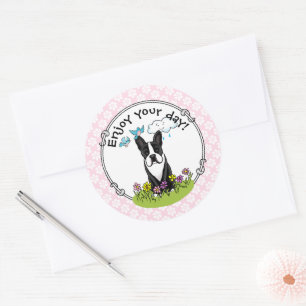 Pegatina Redonda Primavera Flores Boston Terrier Dog (negro) lindo