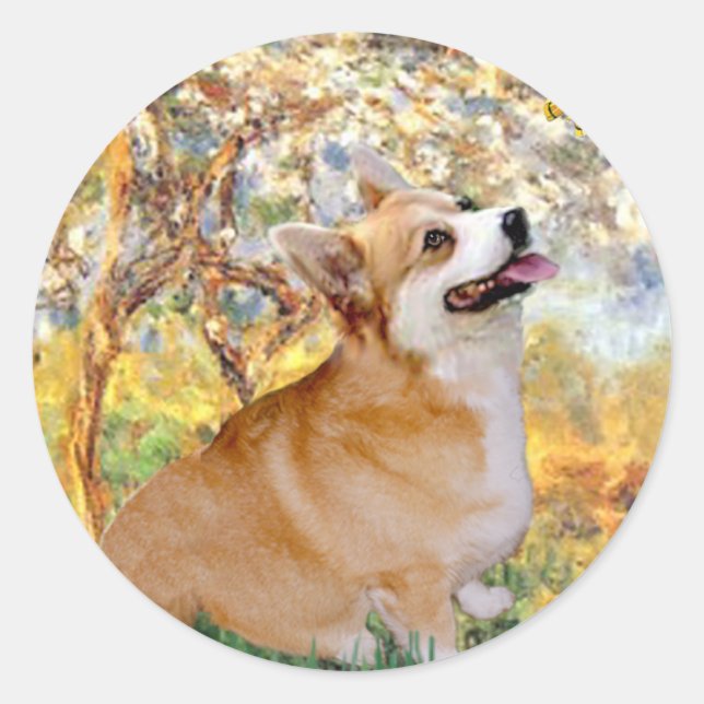 Pegatina Redonda Primavera - Pembroke Welsh Corgi 7b (Anverso)