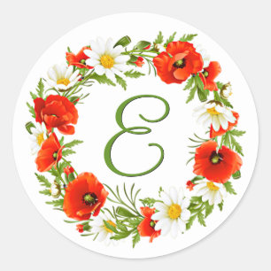 Pegatina Redonda Primavera Poppies Daisies Monograma Wreath