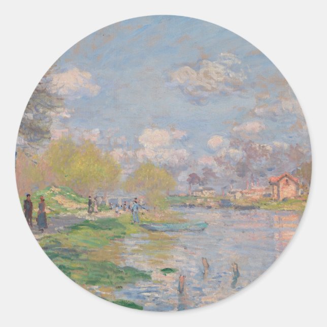 Pegatina Redonda Primavera por el Sena de Monet Impresionista (Anverso)