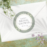 Pegatina Redonda Primavera suave deja ducha de novia con sabio plat<br><div class="desc">Diseñado para coordinar con nuestra colección de duchas de novias Soft Spring Leaves. Con delicadas hojas de acuarela,  este pegatina botánico de ducha de moda puede ser personalizado con su información especial de ducha de novia. Diseñado por Thisisnotme©</div>
