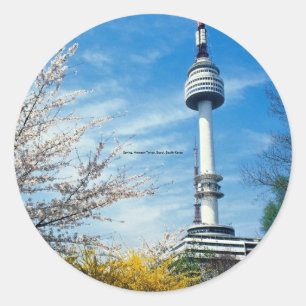Pegatina Redonda Primavera, Torre Namsan, Seúl, Corea del Sur
