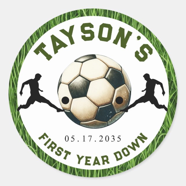 Pegatina Redonda Primer año de fútbol y primer cumpleaños (Anverso)