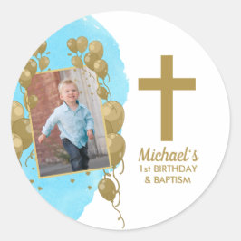 Pegatina Redonda Primer bautizo bautismo globo de oro foto niño