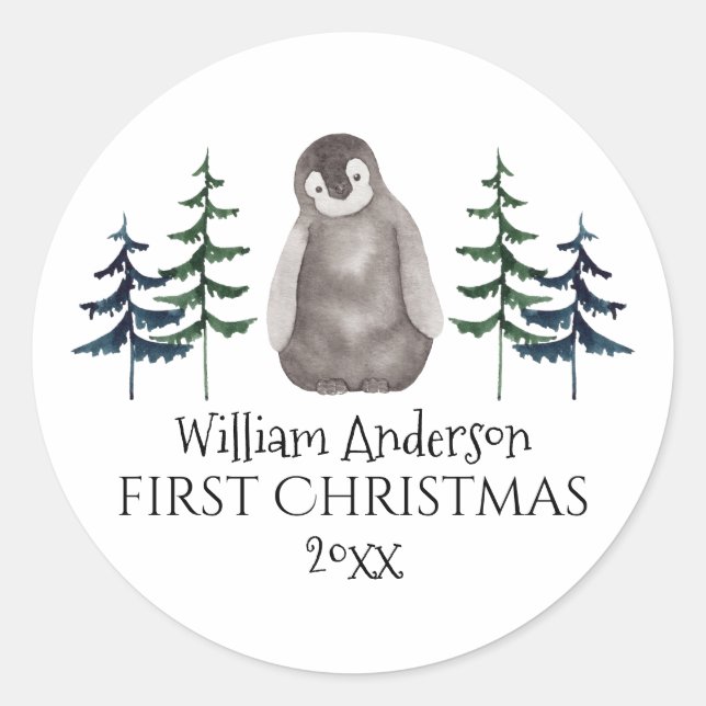 Pegatina Redonda Primer bebé de Navidad pingüino y árbol personaliz (Anverso)