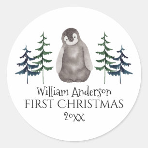 Pegatina Redonda Primer bebé de Navidad pingüino y árbol personaliz