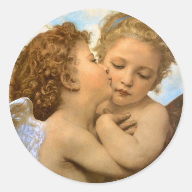 Pegatina Redonda Primer beso (detalle de ángel) de Bouguereau (Anverso)