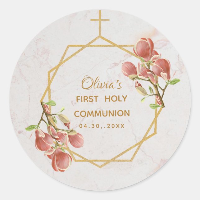 Pegatina Redonda Primer Chica comunitario Marble Gold Pink Magnolia (Anverso)